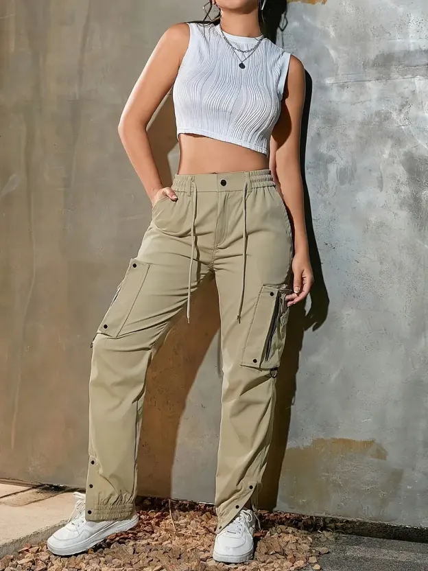 Women’s cotton cargo pants with multiple practical pockets.