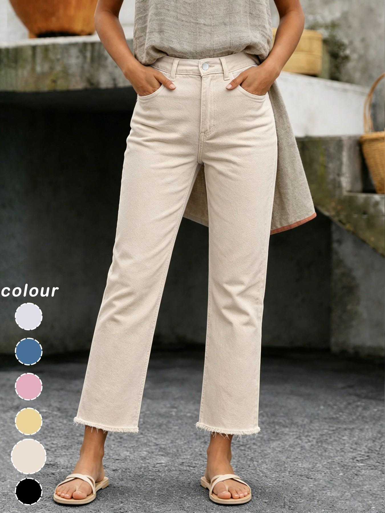 Women's Spring & Fall Slim-Fitting Denim Jeans, Casual Button Fly Pockets Design, Long Regular Fit, Versatile Commuter Pants