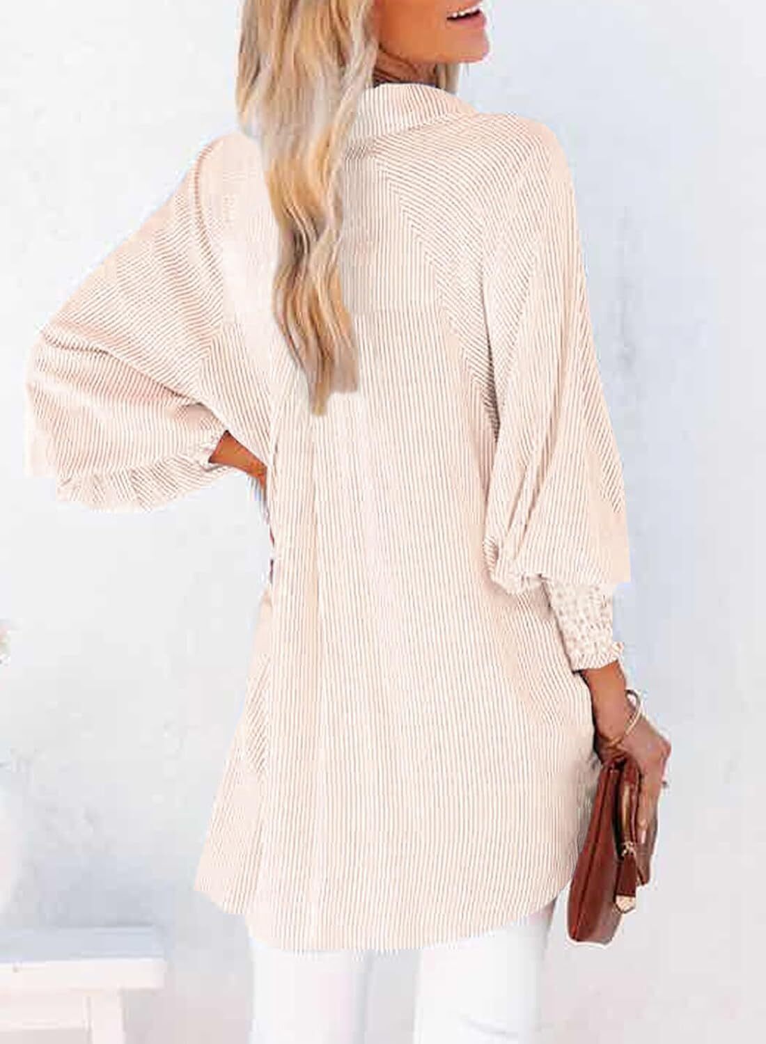 Women's Smocked Cuffed Striped Boyfriend Shirt with Pocket Casual Collar Long Sleeve Blouse Tops for Pocket Shirred
