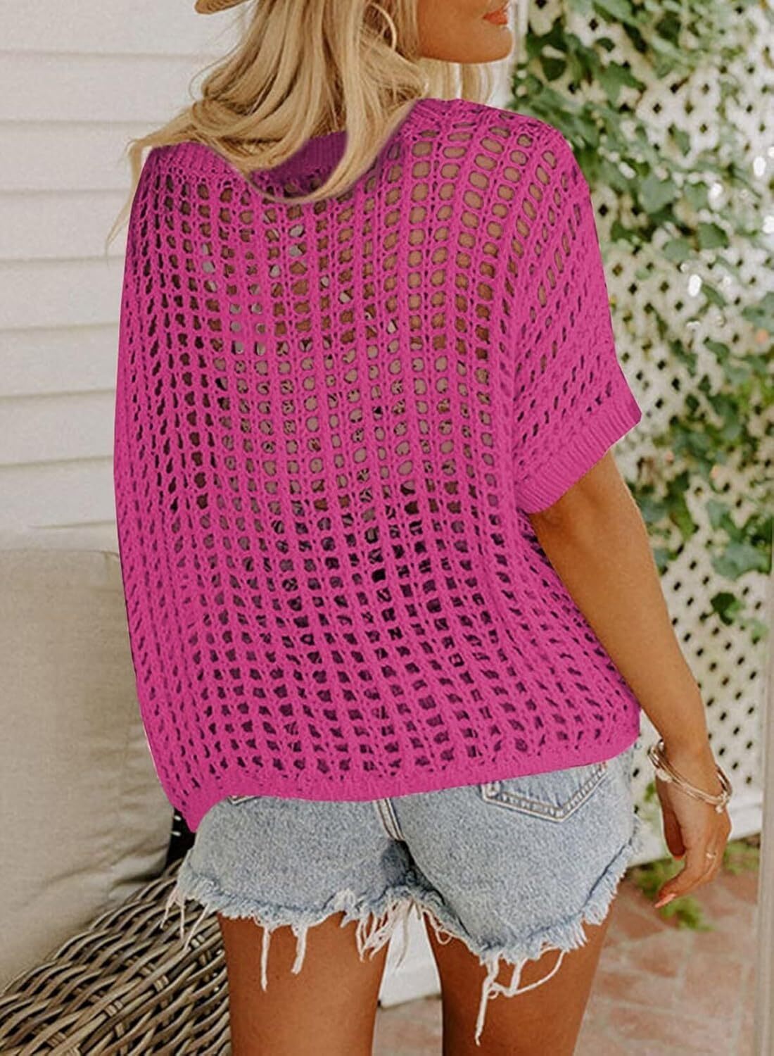 Womens Summer Scoop Neck Short Sleeve Sweater Casual Crochet Hollow Out Knit Tops Pullover Shirts Beach Coverup
