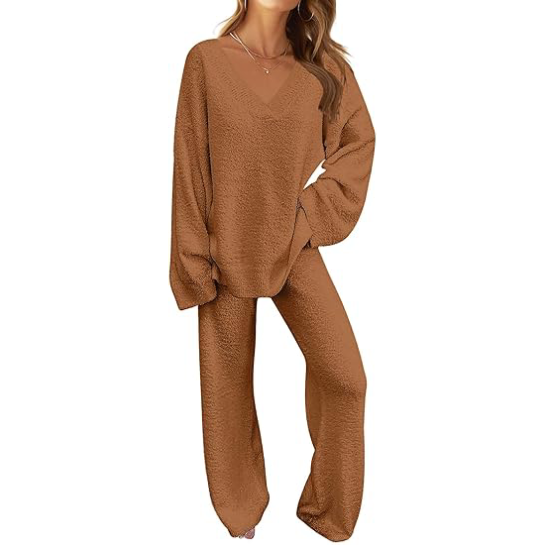 Women's 2 Piece Outfits Fuzzy Fleece Pajama Set Long Sleeve Top Wide Leg Pants Loungewear