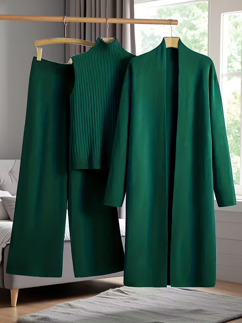 New Autumn And Winter Women'S Loose Set, Including Long Wide-leg Pants, A Shawl Cardigan, And A High-neck Vest Sweater, A Fashionable Three-piece Set.