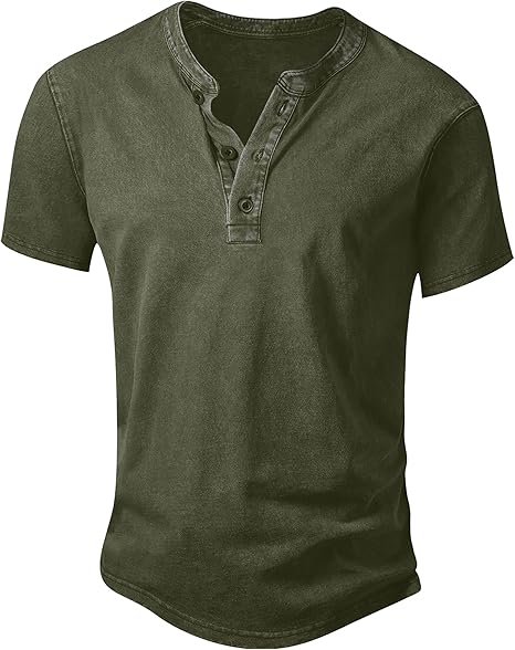 Men’s Vintage Acid-Wash Henley T-Shirt – 100% Cotton