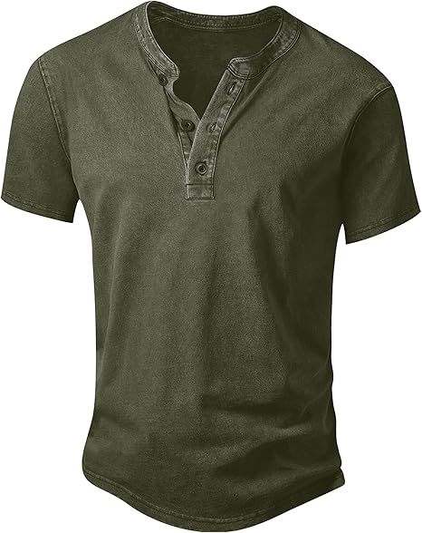 Men’s Vintage Acid-Wash Henley T-Shirt – 100% Cotton