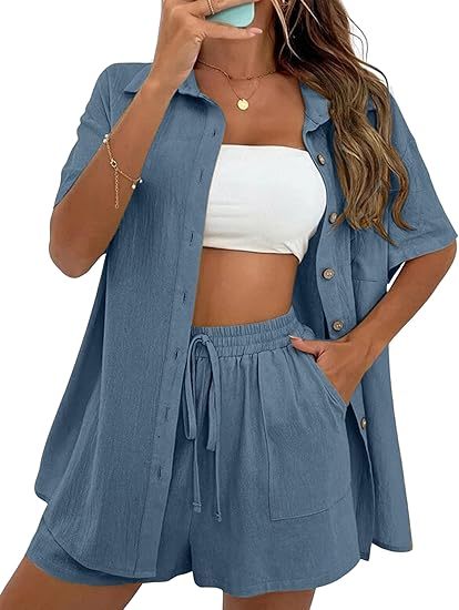 Women Summer Cotton Linen Short Sets 2 Piece Shorts Top Lounge Beach Vacation Two Piece Outfits Tracksuits