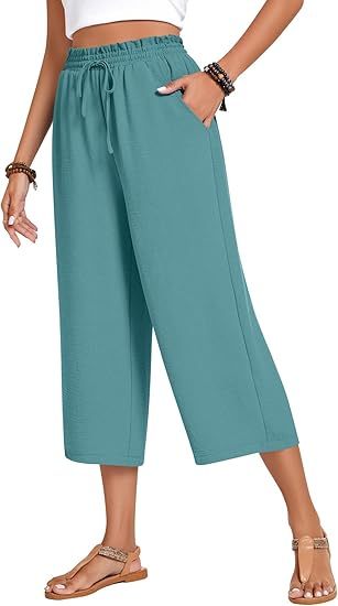 Women’s high-waisted wide-leg casual cropped pants with adjustable drawstring and pockets