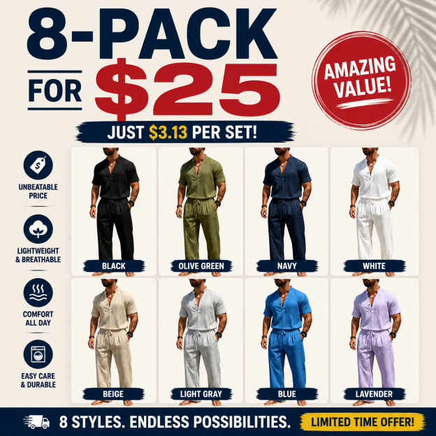 Men's Casual Solid Color Linen Short-Sleeve Shirt and Trousers Suit