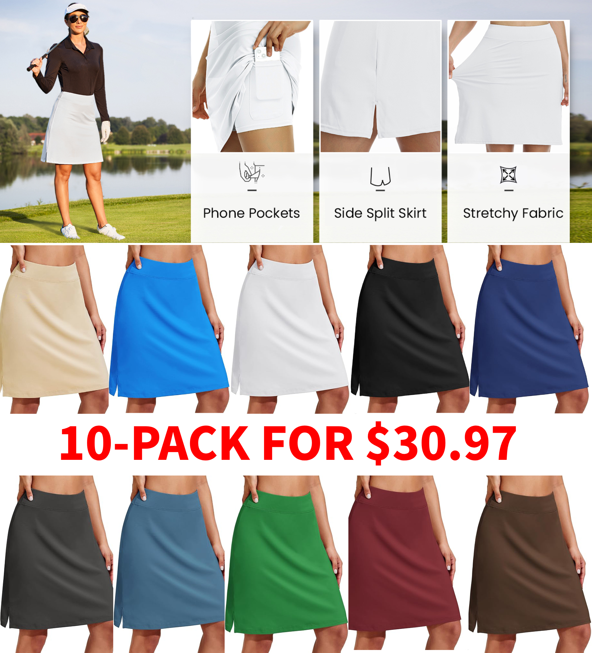 Women’s 20"-Inch Knee-Length Athletic Skirt with Pockets