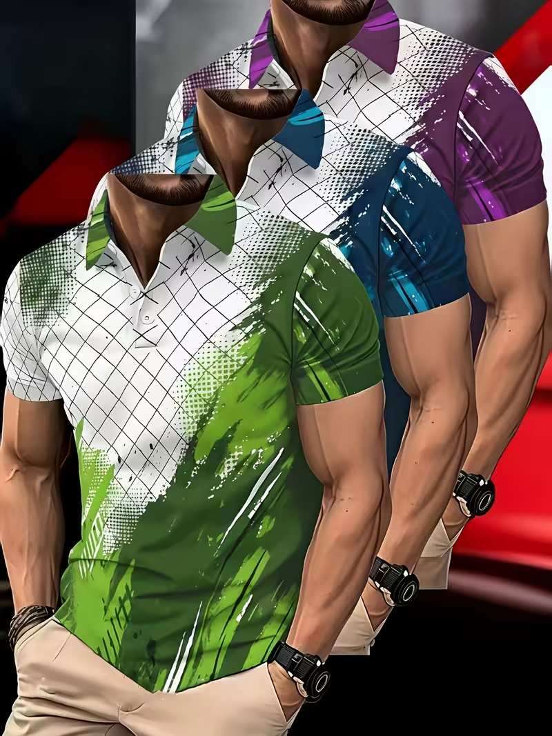 (3-Piece Value Set) Men's Short-Sleeve Polo Shirt with 3D Geometric Digital Print