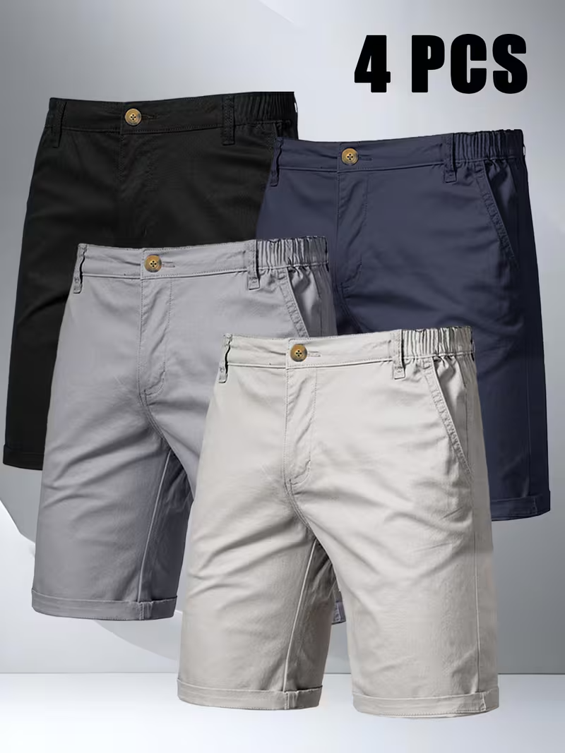 4pcs Men'S Solid Color Casual Straight Shorts