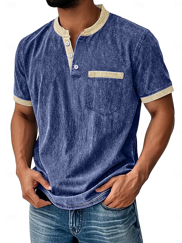 Men's Retro Color-Block Casual Short-Sleeve Henley T-Shirt