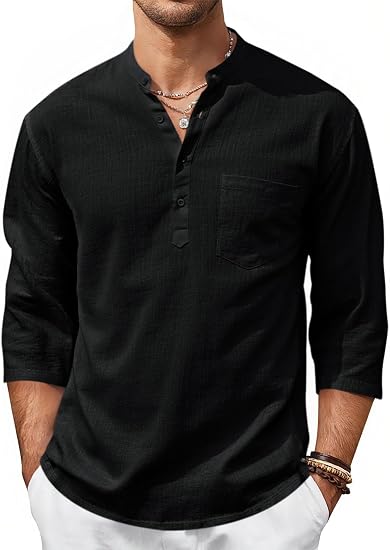 Men’s Lightweight Linen Henley Shirt –  3/4 Sleeve Casual Top with Pocket  