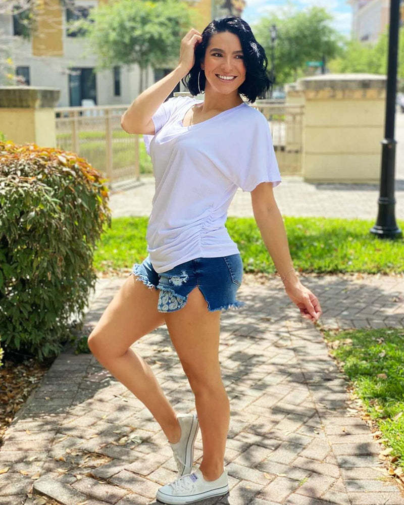✨Women's Soft V-Neck Dolman Loose Fit T-Shirt with Side Ruching