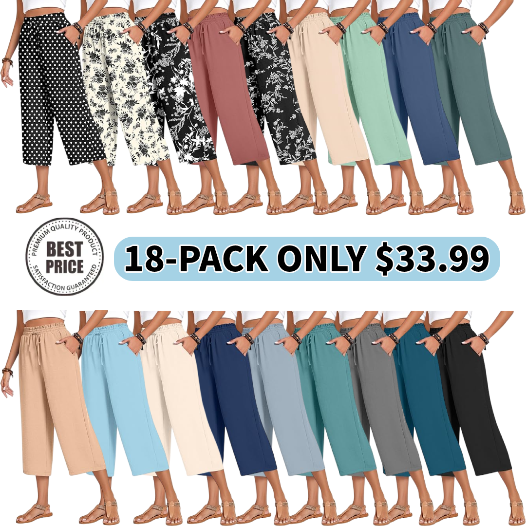 Women’s high-waisted wide-leg casual cropped pants with adjustable drawstring and pockets