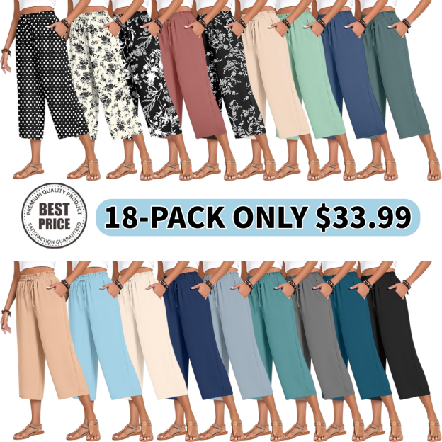 Women’s high-waisted wide-leg casual cropped pants with adjustable drawstring and pockets