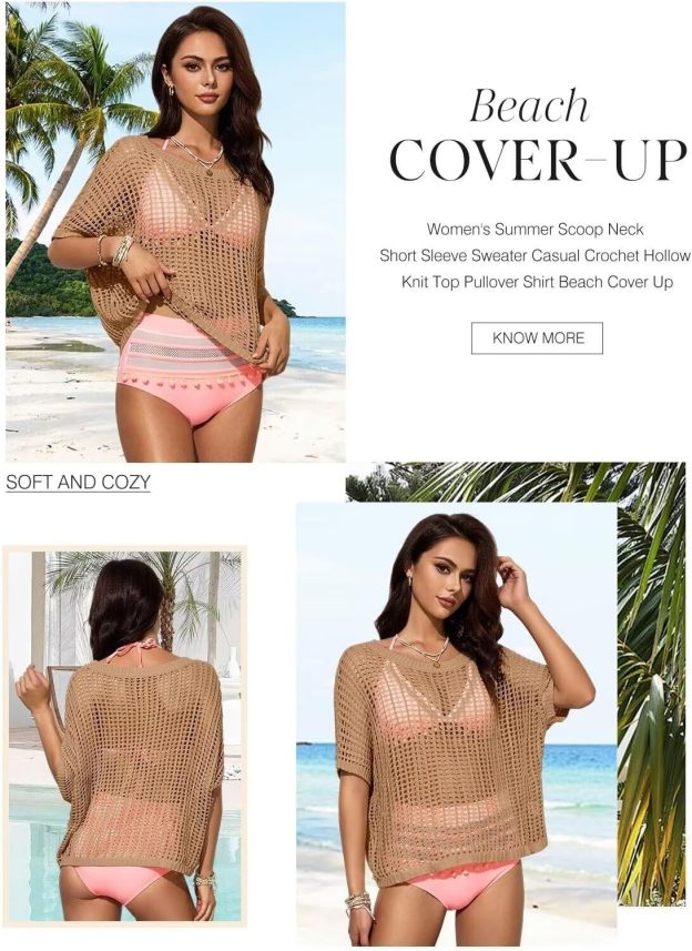 Womens Summer Scoop Neck Short Sleeve Sweater Casual Crochet Hollow Out Knit Tops Pullover Shirts Beach Coverup