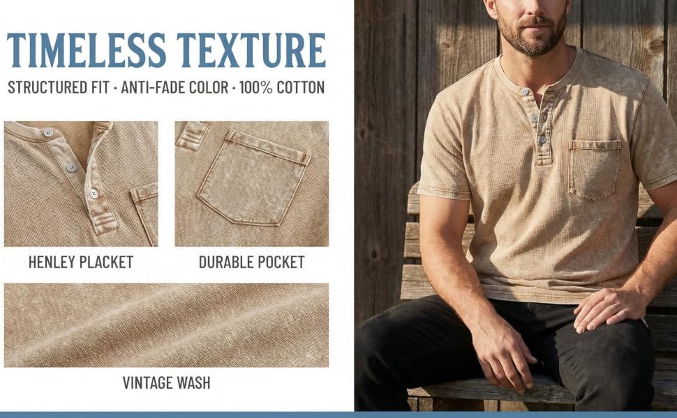 100% Cotton Fabric, Classic Retro Henley Design