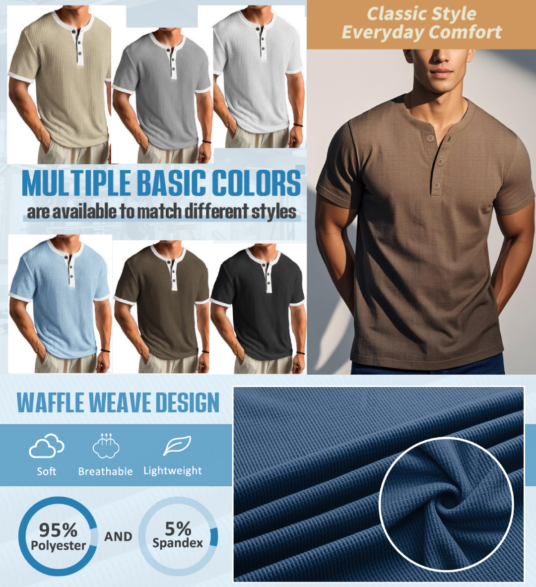 Men's Waffle Color-Block Urban Casual Daily Short-Sleeve Henley Shirt Top