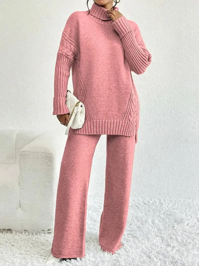 Two-Piece Set Women's Textured Split High Low Hem Sweater & Wide Leg Knitting Pants