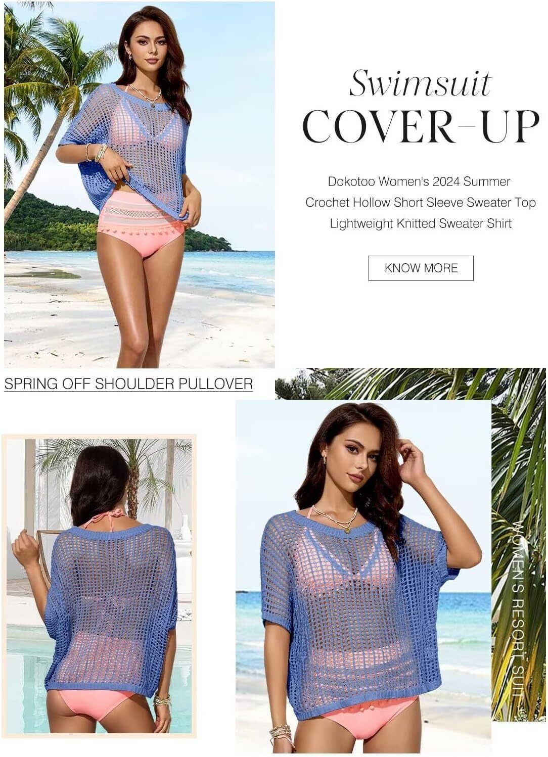 Womens Summer Scoop Neck Short Sleeve Sweater Casual Crochet Hollow Out Knit Tops Pullover Shirts Beach Coverup