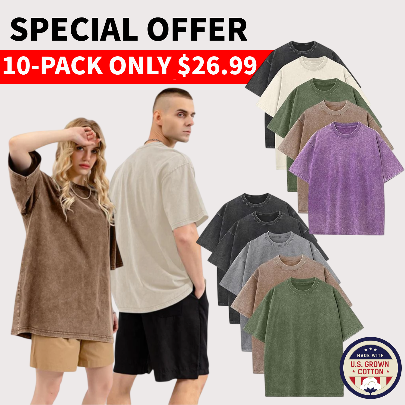 Men’s Plus Size 100% Cotton Acid Wash Oversized Heavyweight Vintage T-Shirt