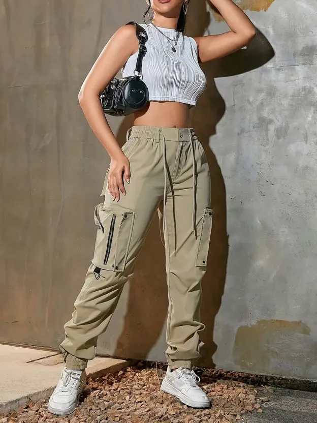 Women’s cotton cargo pants with multiple practical pockets.