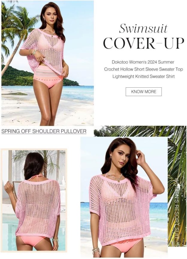 Womens Summer Scoop Neck Short Sleeve Sweater Casual Crochet Hollow Out Knit Tops Pullover Shirts Beach Coverup