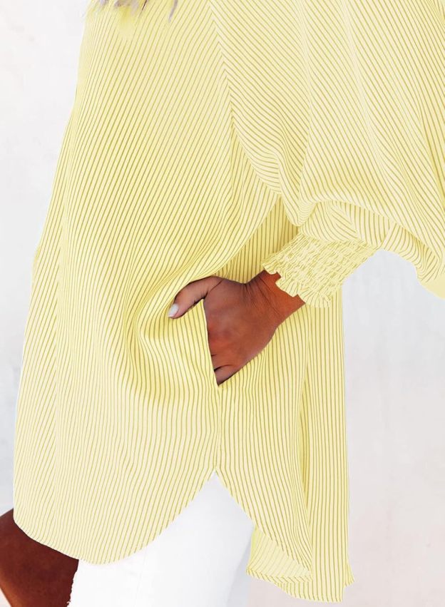 Women's Smocked Cuffed Striped Boyfriend Shirt with Pocket Casual Collar Long Sleeve Blouse Tops for Pocket Shirred