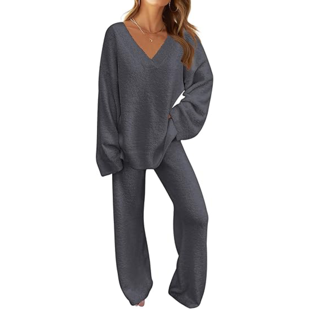 Women's 2 Piece Outfits Fuzzy Fleece Pajama Set Long Sleeve Top Wide Leg Pants Loungewear