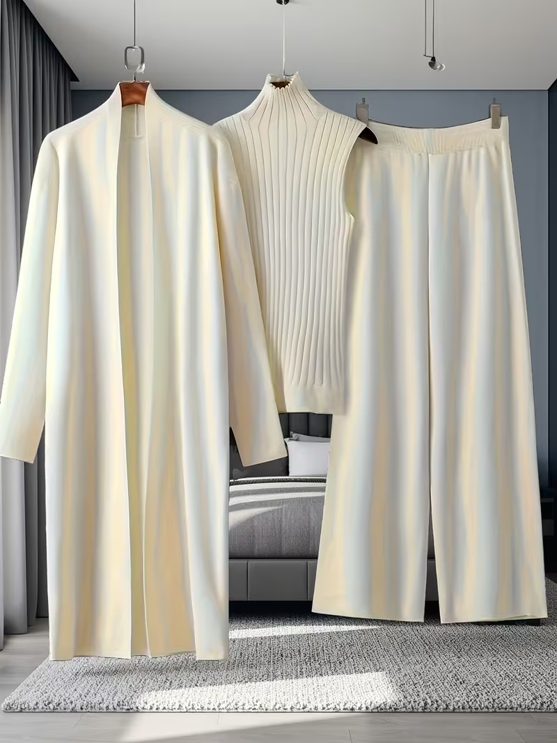 New Autumn And Winter Women'S Loose Set, Including Long Wide-leg Pants, A Shawl Cardigan, And A High-neck Vest Sweater, A Fashionable Three-piece Set.