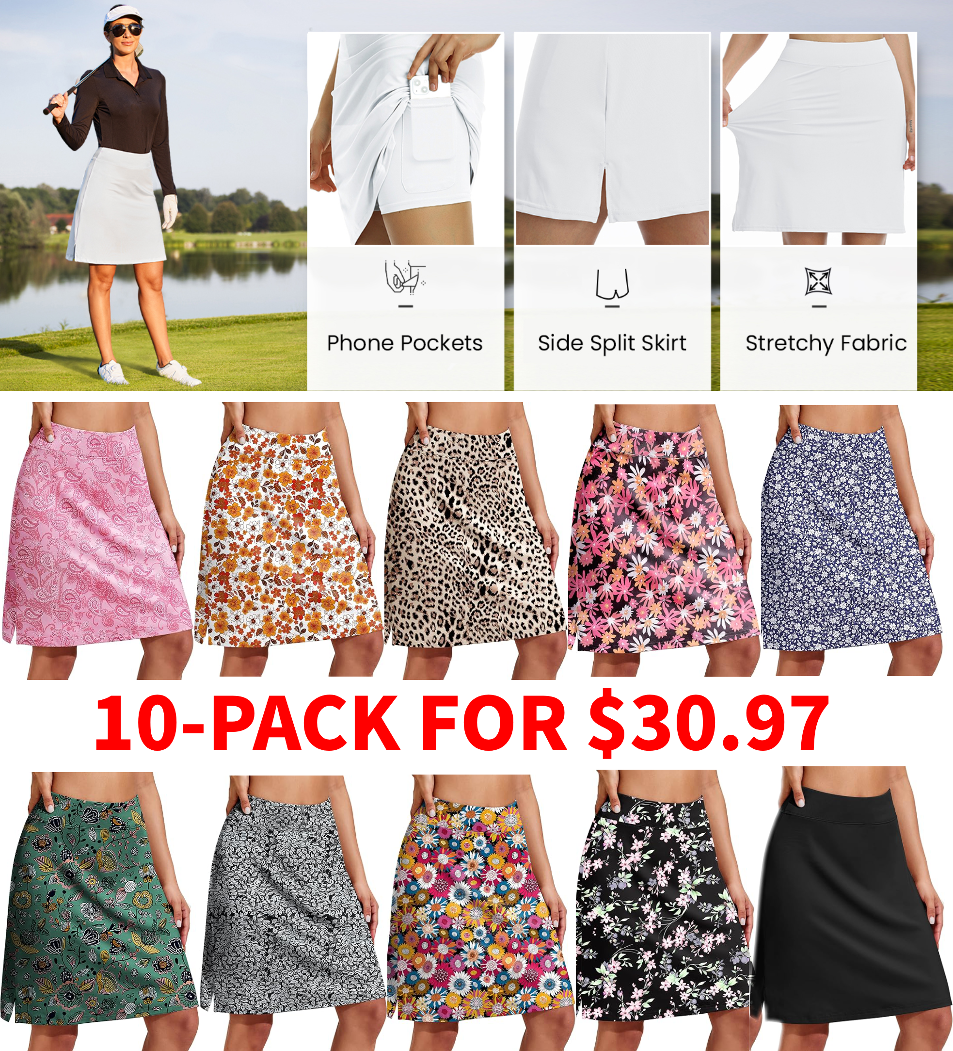 Women’s 20"-Inch Knee-Length Athletic Skirt with Pockets