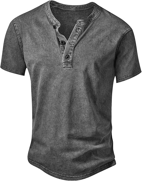 Men’s Vintage Acid-Wash Henley T-Shirt – 100% Cotton