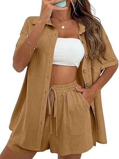 Women Summer Cotton Linen Short Sets 2 Piece Shorts Top Lounge Beach Vacation Two Piece Outfits Tracksuits