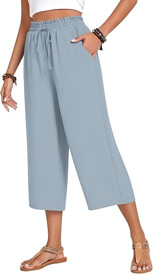 Women’s high-waisted wide-leg casual cropped pants with adjustable drawstring and pockets