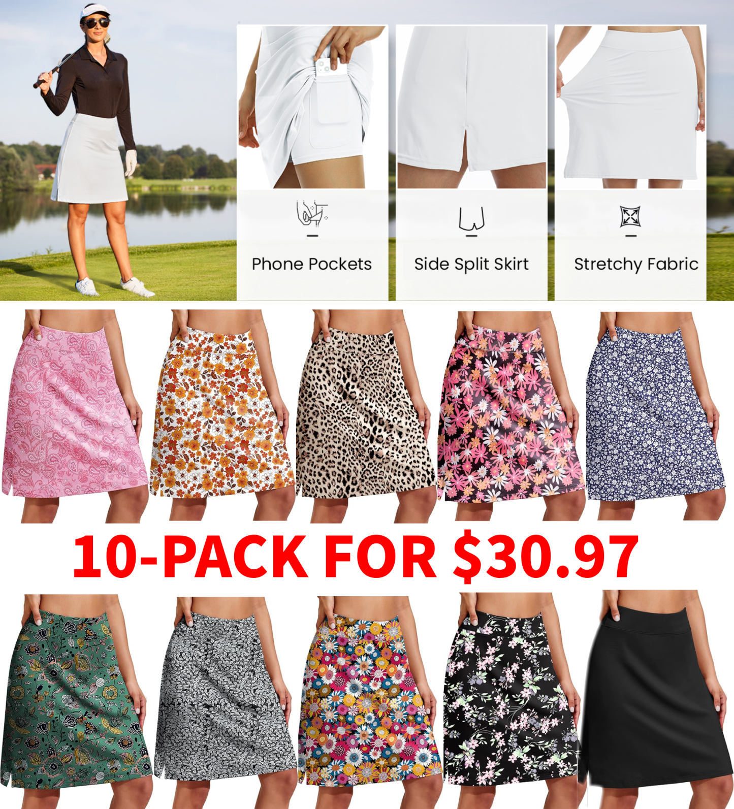 Women’s 20"-Inch Knee-Length Athletic Skirt with Pockets