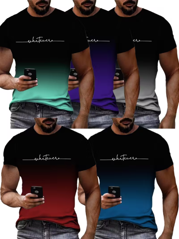 Men's 5-Piece Set: Energetic Gradient Short-Sleeve Crew Neck T-Shirts