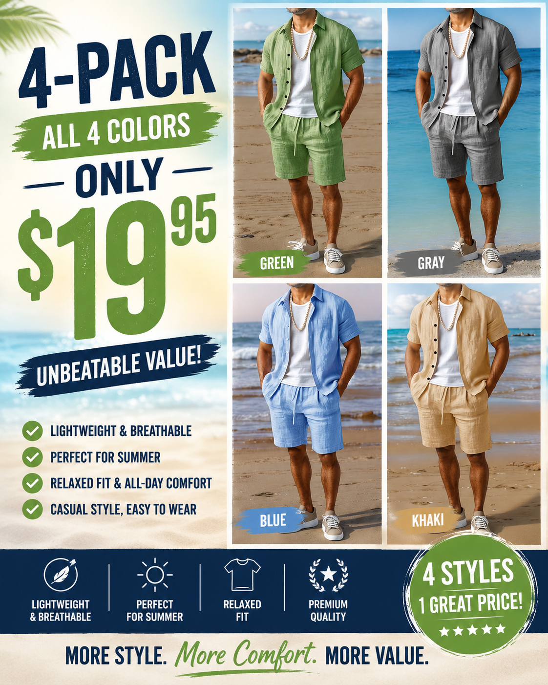(4-Pack)Men's Casual Summer Woven Short Sleeve Shirt Shorts Set