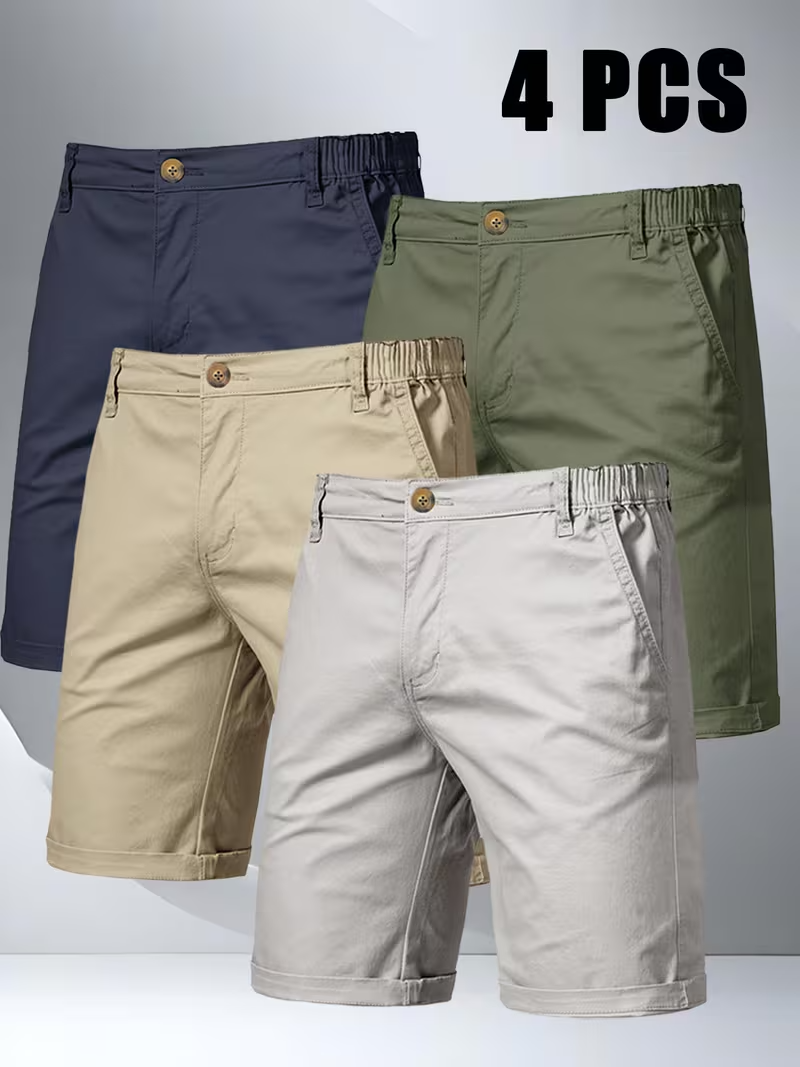 4pcs Men'S Solid Color Casual Straight Shorts