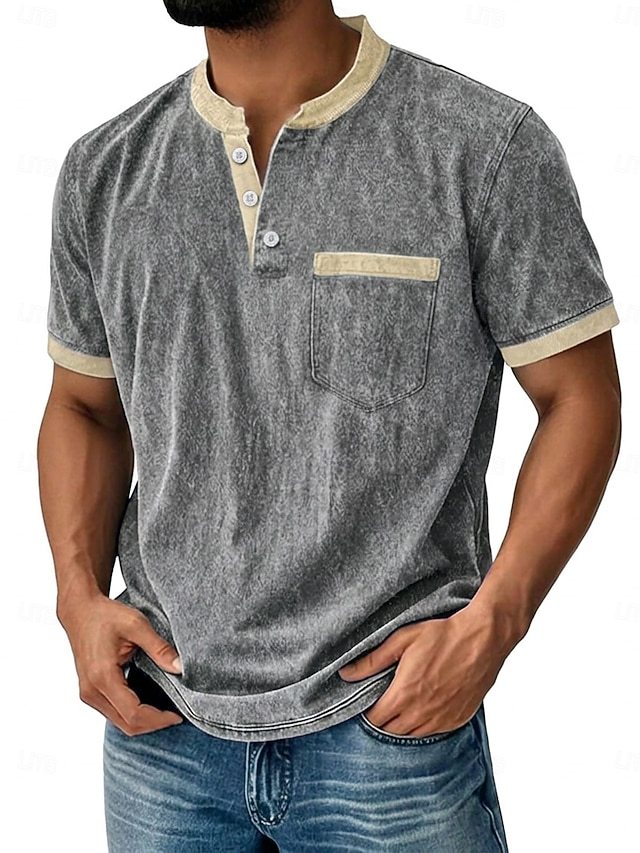 Men's Retro Color-Block Casual Short-Sleeve Henley T-Shirt
