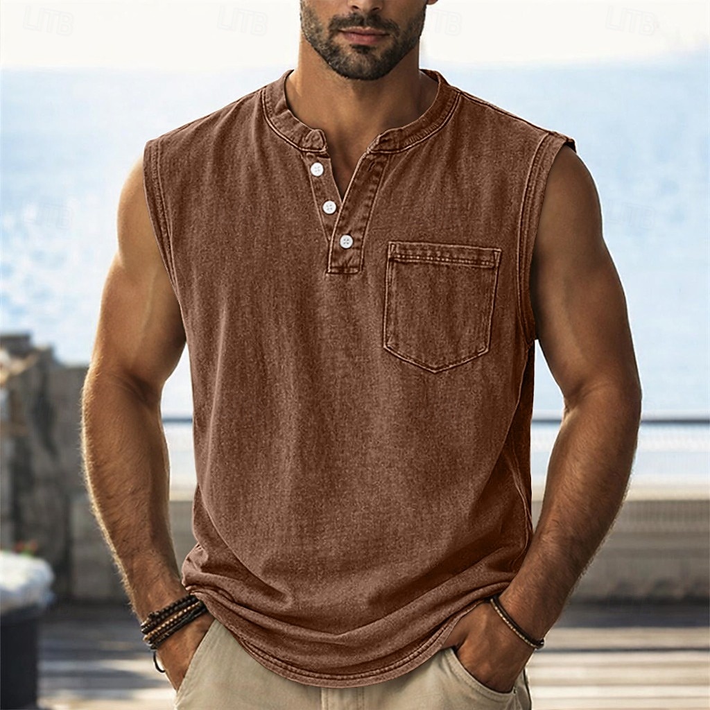 Men's Vintage Stand Collar Casual Pocket Solid Color Sleeveless Henley Vest