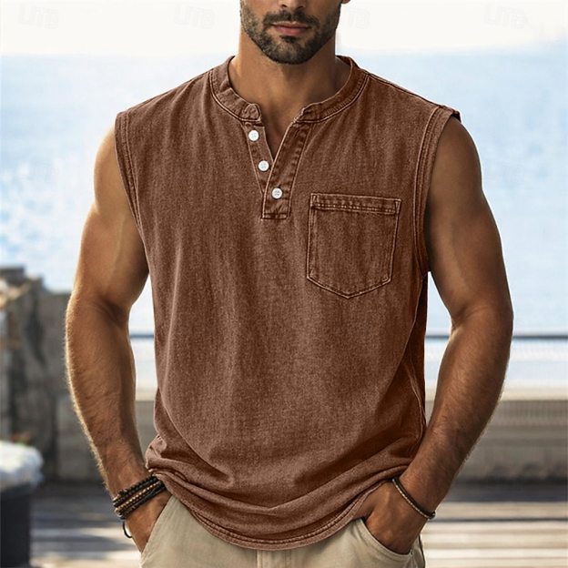 Men's Vintage Stand Collar Casual Pocket Solid Color Sleeveless Henley Vest