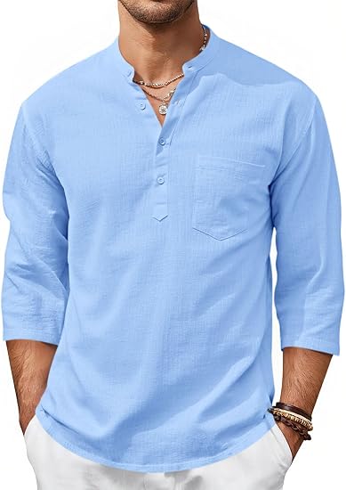 Men’s Lightweight Linen Henley Shirt –  3/4 Sleeve Casual Top with Pocket  