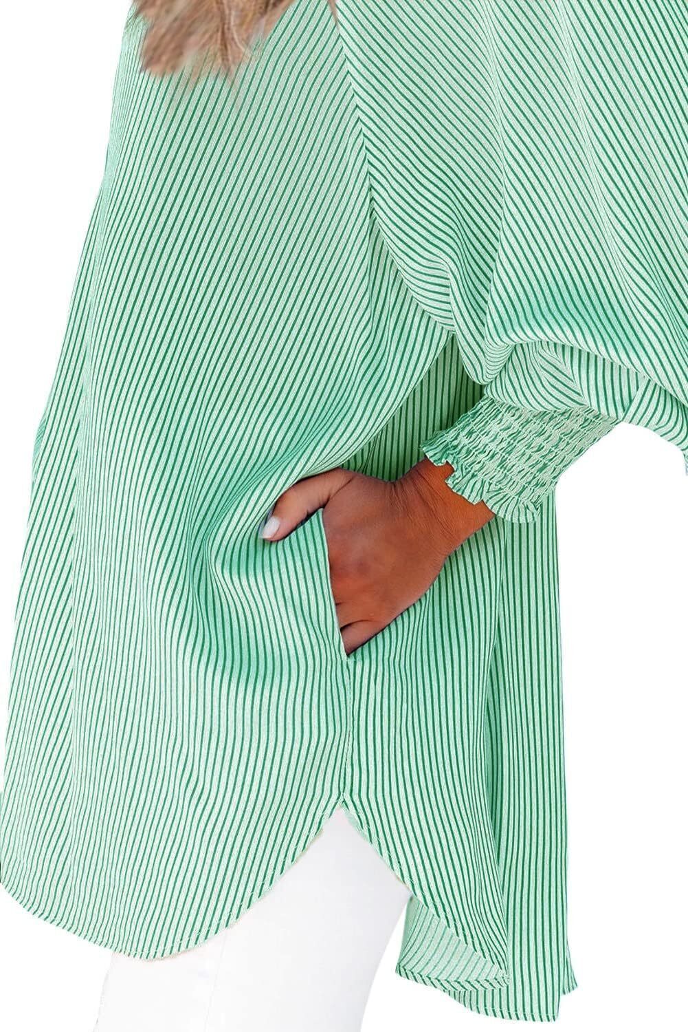 Women's Smocked Cuffed Striped Boyfriend Shirt with Pocket Casual Collar Long Sleeve Blouse Tops for Pocket Shirred