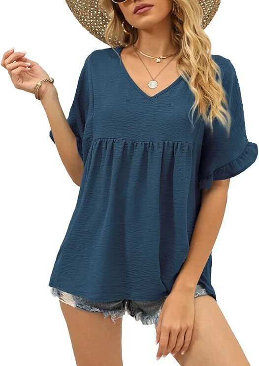 Womens Tops Casual V Neck Ruffle Sleeve T Shirts Babydoll Loose Fit Peplum Tops