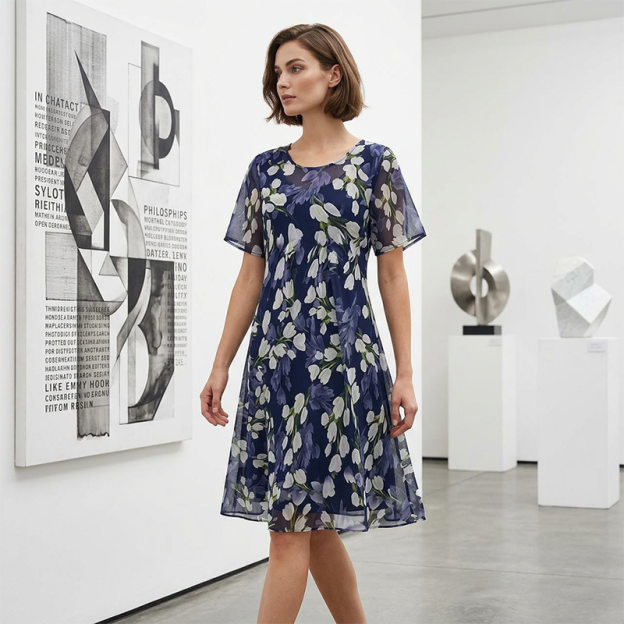 💎 90% OFF! 💎 Short-Sleeved A-Line Evening Dress – Elegant Floral Print, Double-Layer Chiffon & Flattering Knee-Length Cut 👗💙