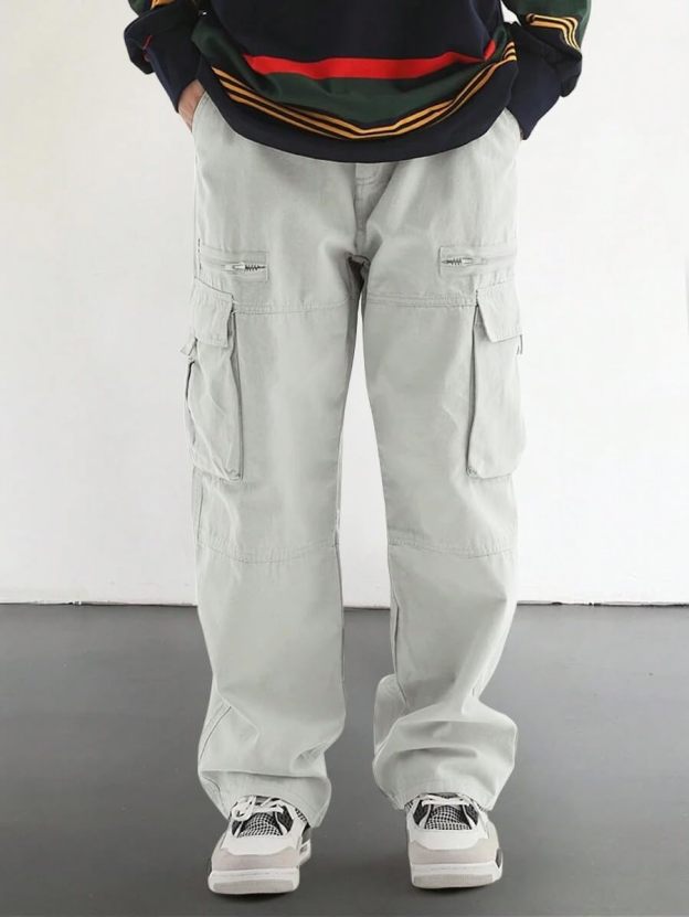 Men's Loose Solid Color All-match Pocket Drawstring Waist Overalls