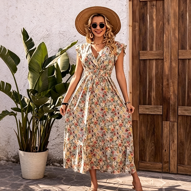 📢📢90% OFF !! ⏰Women's Floral V-Neck Smocked Waist Dress