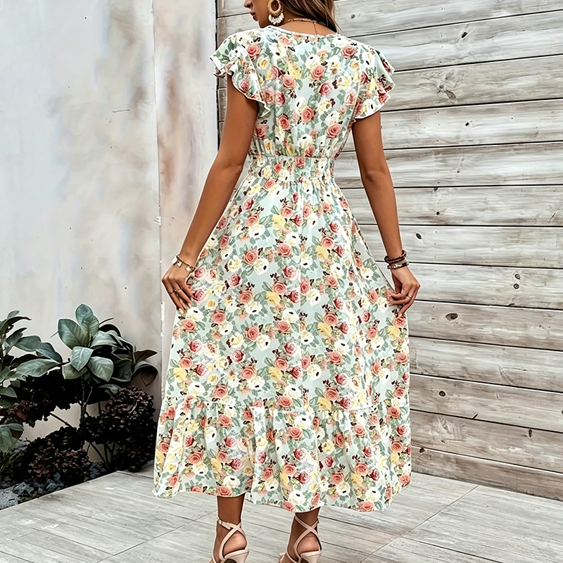 📢📢90% OFF !! ⏰Women's Floral V-Neck Smocked Waist Dress