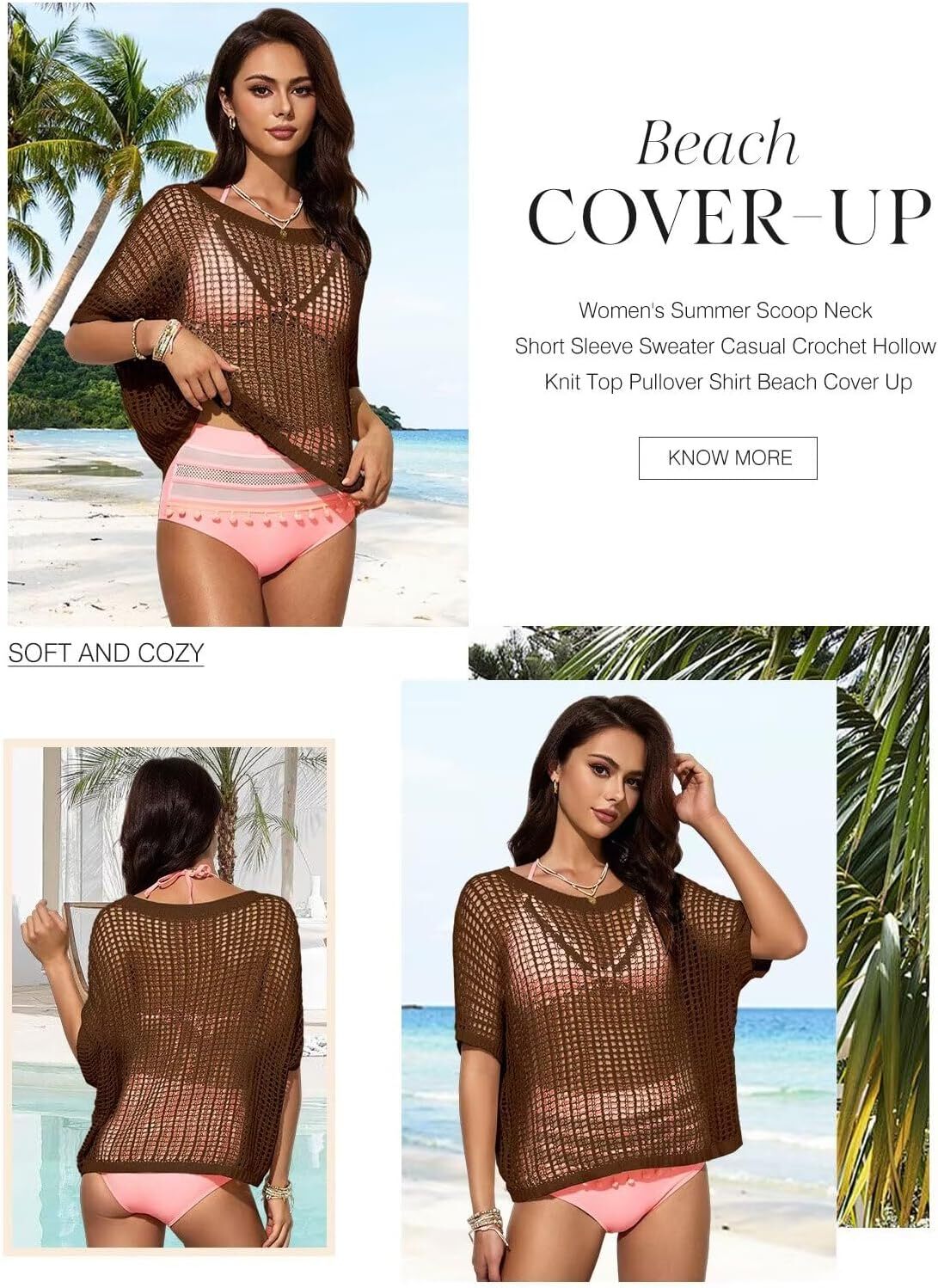 Womens Summer Scoop Neck Short Sleeve Sweater Casual Crochet Hollow Out Knit Tops Pullover Shirts Beach Coverup