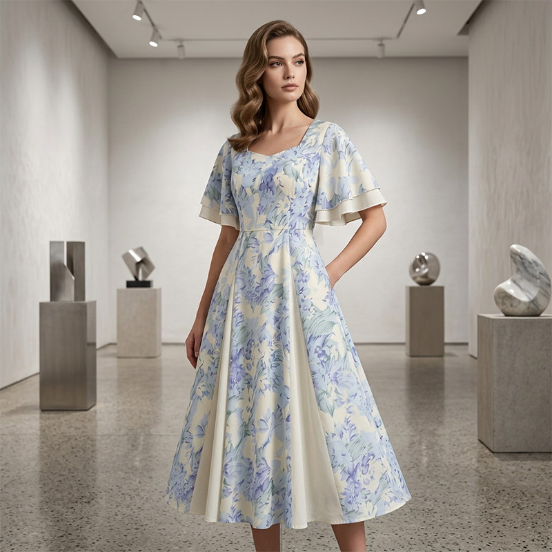 📢📢90% OFF !! ⏰Ethereal Flutter Sleeve Fit-and-Flare Dress